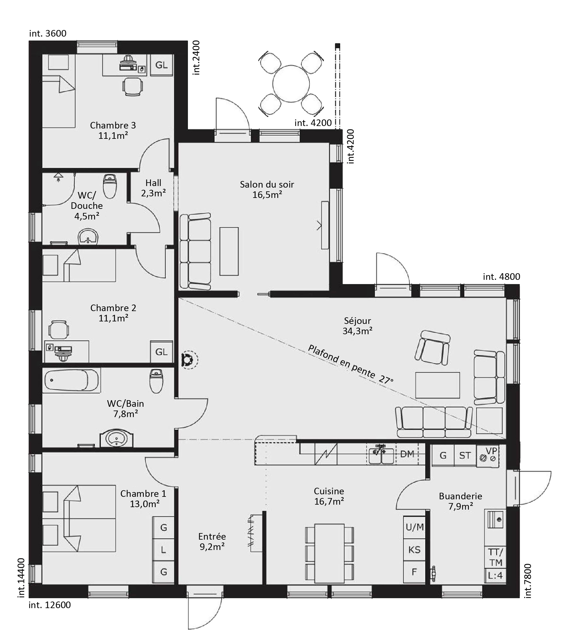 plan RDC Maison ossature bois suédoise basse consommation provenant du catalogue Hej France VastkustStugan