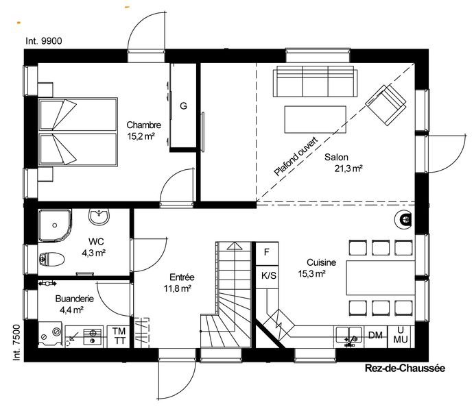 plan RDC Maison ossature bois suédoise basse consommation provenant du catalogue Hej France VastkustStugan