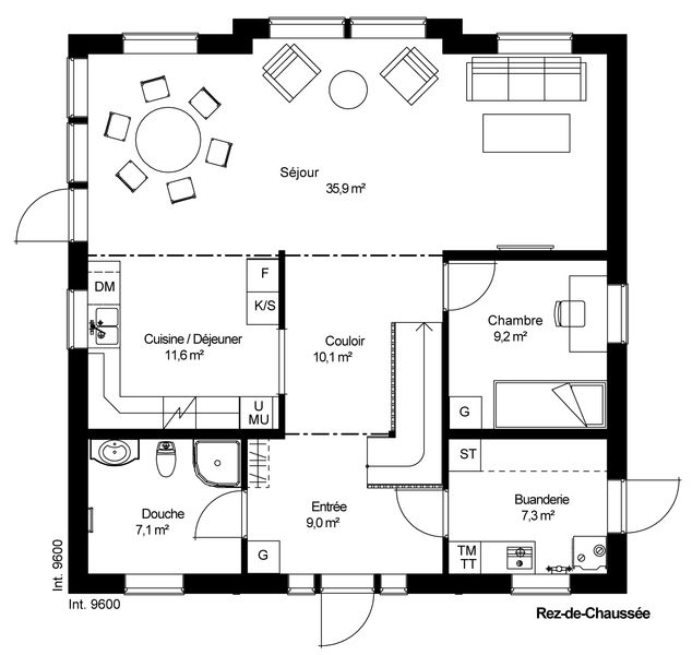 plan RDC Maison ossature bois suédoise basse consommation provenant du catalogue Hej France VastkustStugan