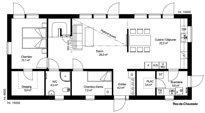 plan RDC Maison ossature bois suédoise basse consommation provenant du catalogue Hej France VastkustStugan