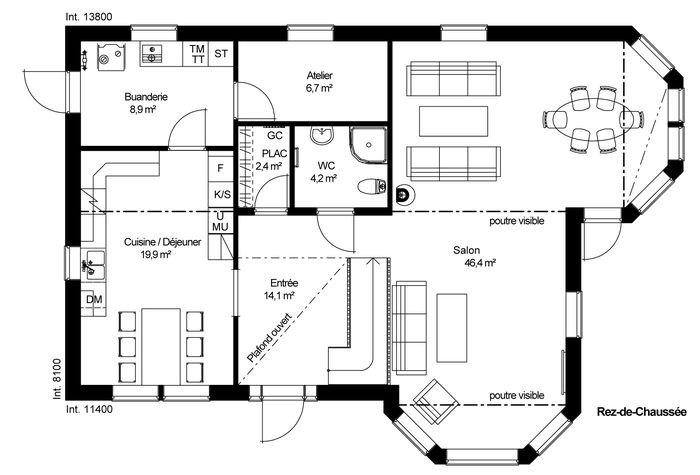 plan RDC Maison ossature bois suédoise basse consommation provenant du catalogue Hej France VastkustStugan