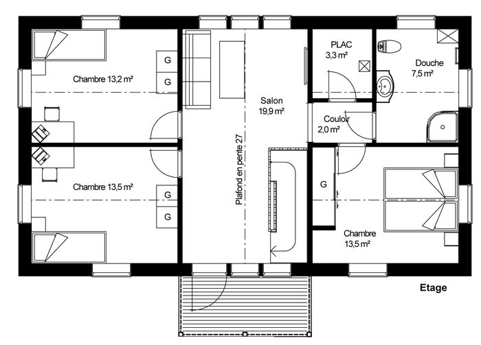 plan Maison ossature bois suédoise étage BBC et haute qualité provenant du catalogue Hej France VastkustStugan