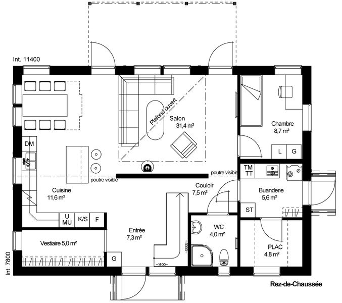 plan RDC Maison ossature bois suédoise basse consommation provenant du catalogue Hej France VastkustStugan