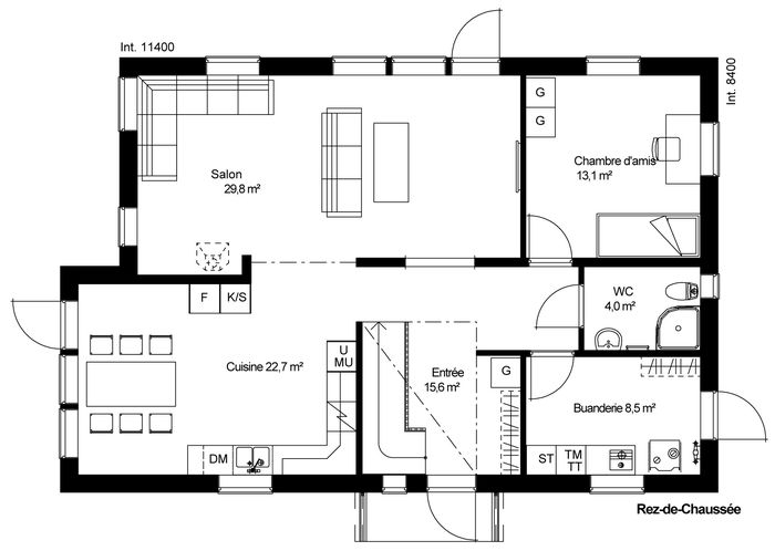 plan RDC Maison ossature bois suédoise basse consommation provenant du catalogue Hej France VastkustStugan